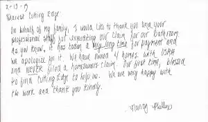 Customer thank-you letter to Cutting Edge Restoration