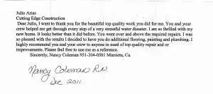 Customer thank-you letter to Cutting Edge Restoration