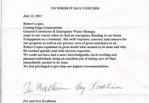 Customer thank-you letter to Cutting Edge Restoration