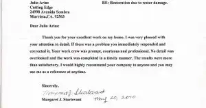 Customer thank-you letter to Cutting Edge Restoration