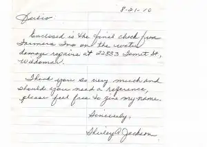 Customer thank-you letter to Cutting Edge Restoration