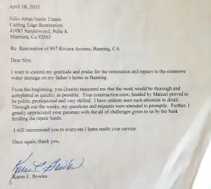 Customer thank-you letter to Cutting Edge Restoration